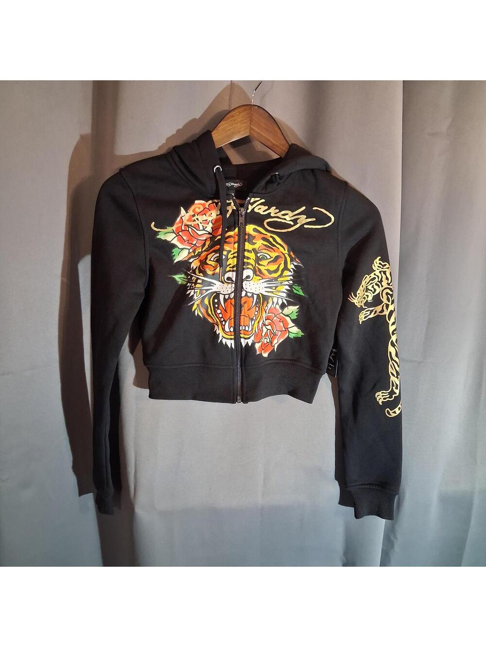 Kids Ed Hardy Black Cropped Zip-Up Hoodie with Tiger and Rose Print